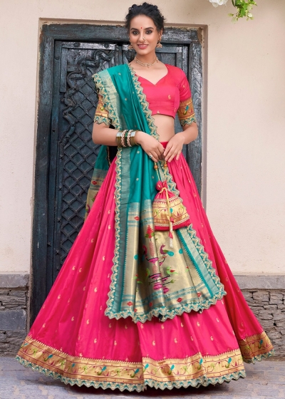 Pink jacquard Pithank silk embroidery wedding lehenga choli 1014