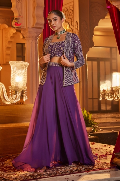 Indian wedding Georgette crop top jacket with Palazzo in Purple color 2991