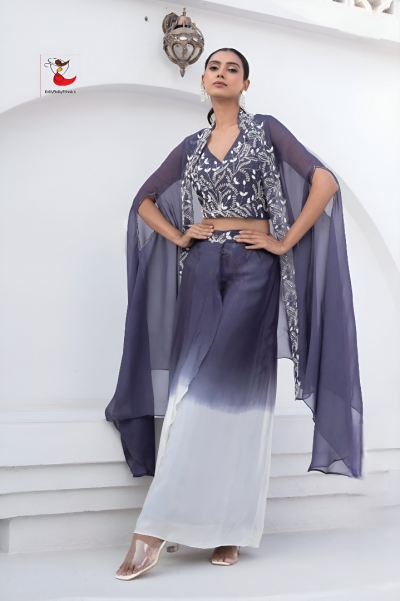 Indian wedding Georgette crop top cape suit in Purple and white color 3147