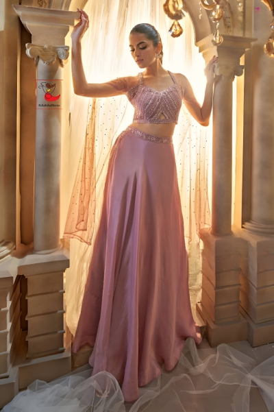 Indian wedding Georgette crop top cape suit in Mauve color 2919