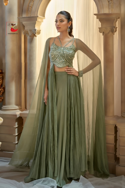 Indian wedding Georgette crop top cape suit in Mint green color 2934