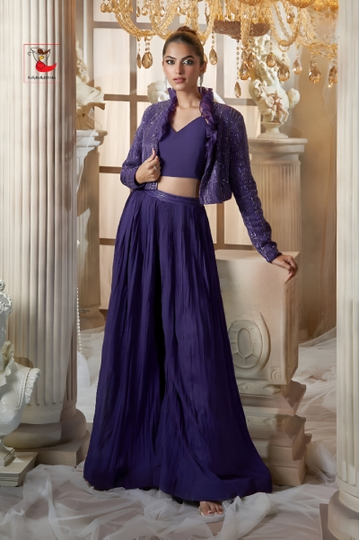 Indian wedding Georgette crop top Jacket suit in Purple color 2951