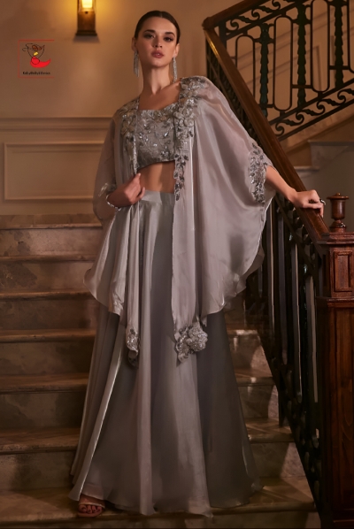 Indian wedding Georgette crop top cape suit in Grey color 3033