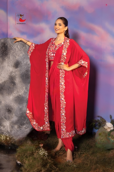 Indian wedding Georgette crop top cape suit in Red color 3050