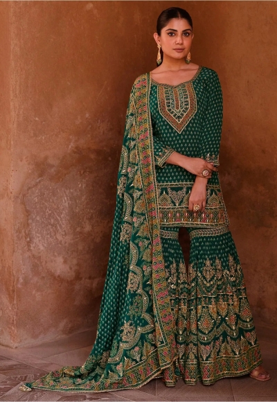 Premium crepe silk embroidered wedding wear sharara suit in Green colour