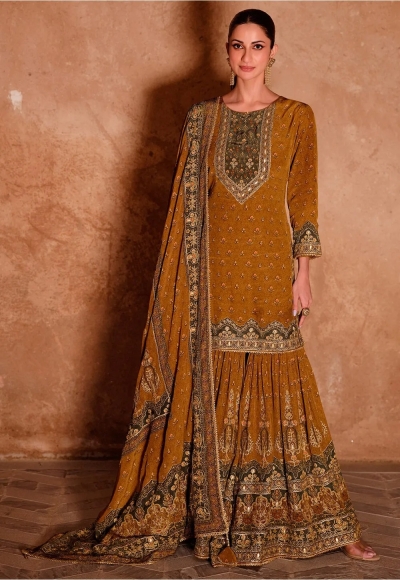 Premium crepe silk embroidered wedding wear sharara suit in Mustard colour