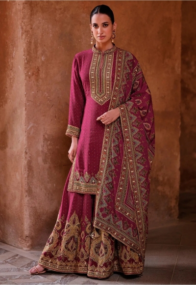 Premium crepe silk embroidered wedding wear sharara suit in Magenta colour