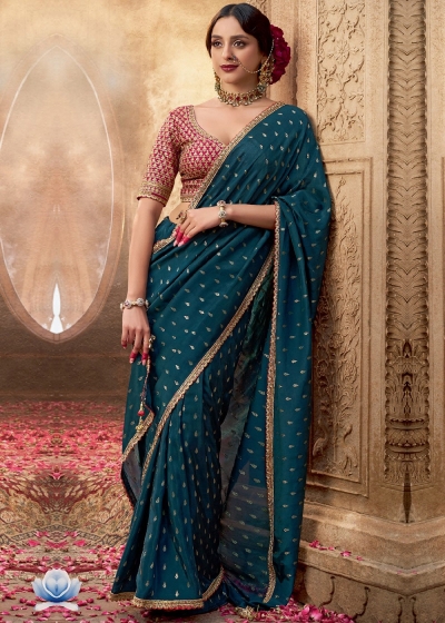 Teal blue and red color Pure viscous crepe zari butta weaving wedding saree 6502