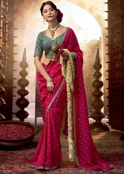 Rani Pink and rama color Pure viscous crepe zari butta weaving wedding saree 6503