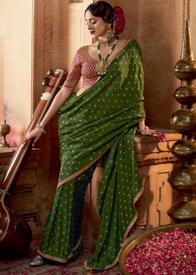 Green and red color Pure viscous crepe zari butta weaving wedding saree 6505