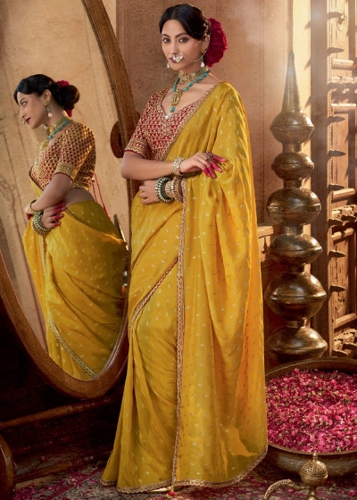 Yellow and red color Pure viscous crepe zari butta weaving wedding saree 6506