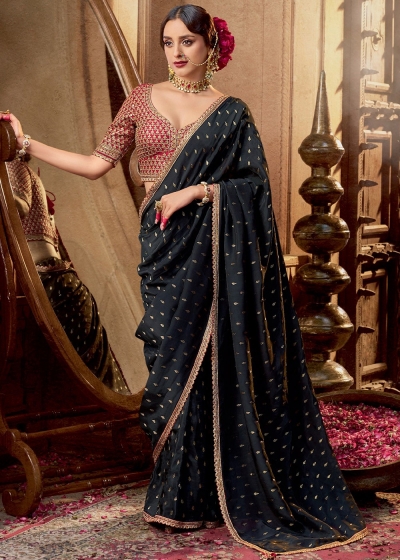 Black and red color Pure viscous crepe zari butta weaving wedding saree 6507
