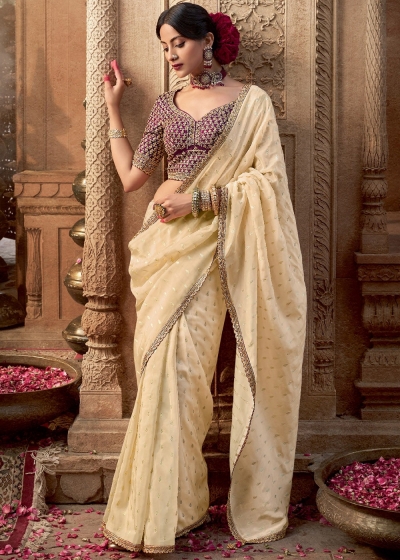 Off white and Wine color Pure viscous crepe zari butta weaving wedding saree 6508