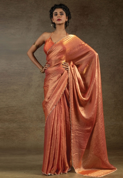 Orange satin silk saree with blouse 103C