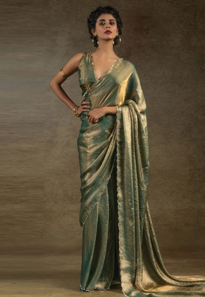 Sea green satin silk saree with blouse 103E