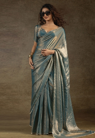 Teal satin silk saree with blouse 103D
