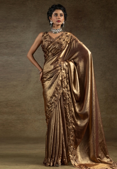 Golden satin silk saree with blouse 8118