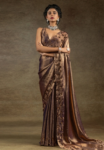 Brown satin silk saree with blouse 8120