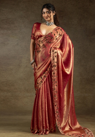 Peach satin silk saree with blouse 8119