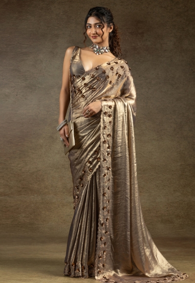 Grey satin silk saree with blouse 8117