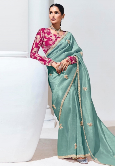 Sea green tissue saree with blouse 2131C