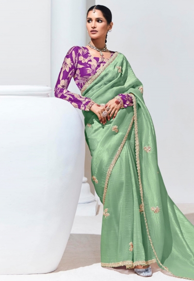 Pista green tissue saree with blouse 2131E