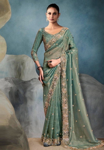 Sea green tissue saree with blouse 5423