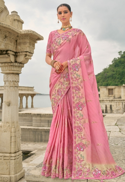 Pink viscose jacquard saree with blouse 7203
