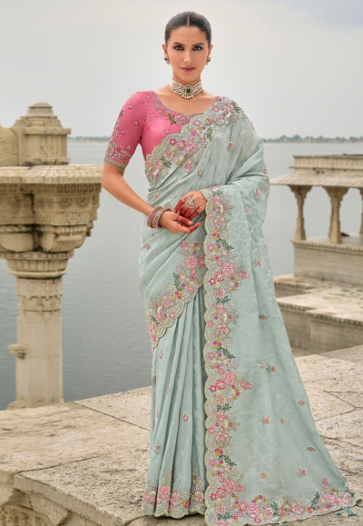 Sky blue viscose jacquard saree with blouse 7205