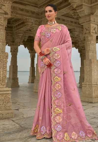 Pink viscose jacquard saree with blouse 7206