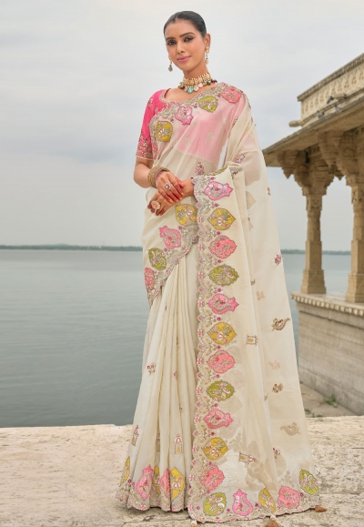 Cream viscose jacquard saree with blouse 7207