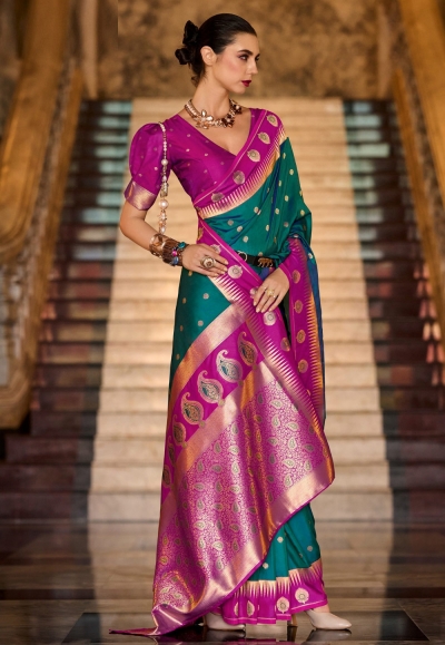 Teal silk saree with blouse 820004