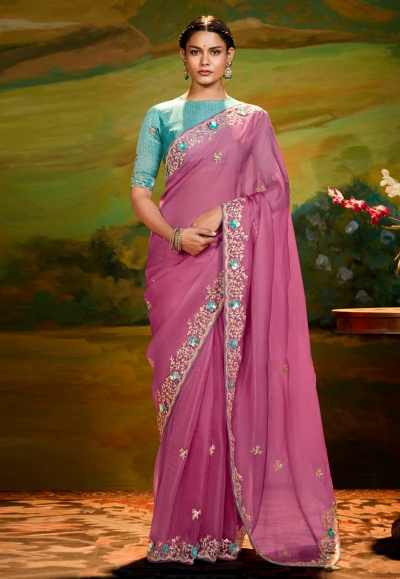 Pink organza saree with blouse 5382