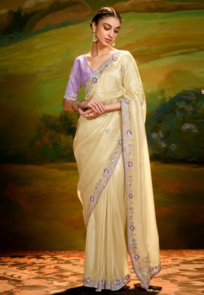 Cream organza saree with blouse 5383
