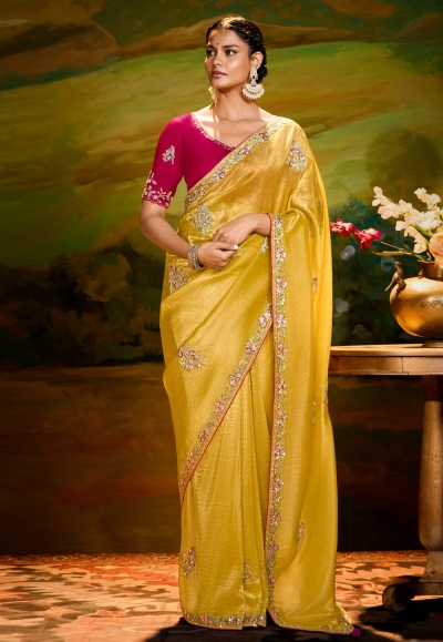 Yellow organza saree with blouse 5385
