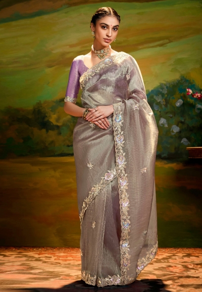 Grey organza saree with blouse 5386
