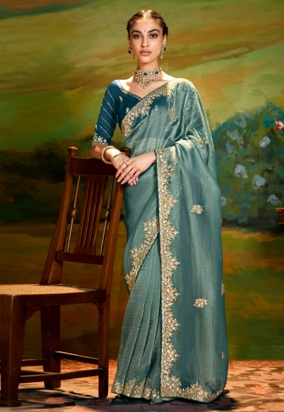 Sea green organza saree with blouse 5387