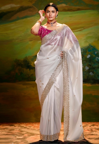 Off white organza saree with blouse 5389