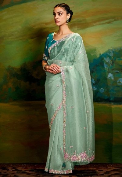 Sea green organza saree with blouse 5390