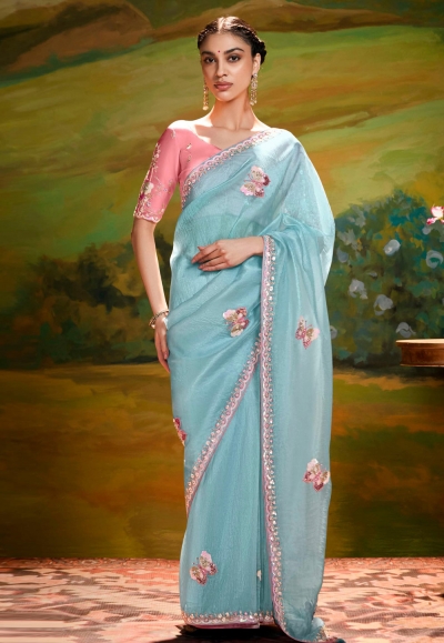 Sky blue organza saree with blouse 5392