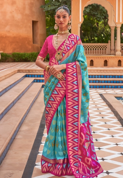 Sky blue silk saree with blouse 591