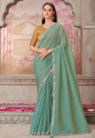 Sea green satin silk saree with blouse 31002