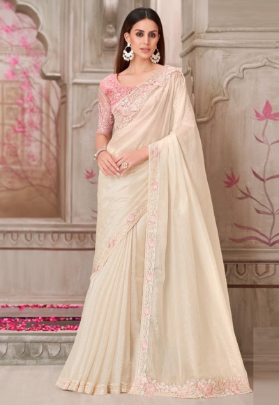 Cream satin silk saree with blouse 31003
