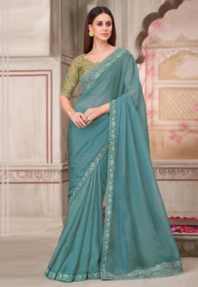 Sea green georgette saree with blouse 31007