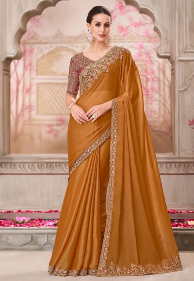 Golden chiffon saree with blouse 31009