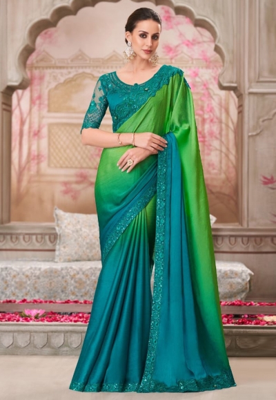 Green satin chiffon half n half saree 31013