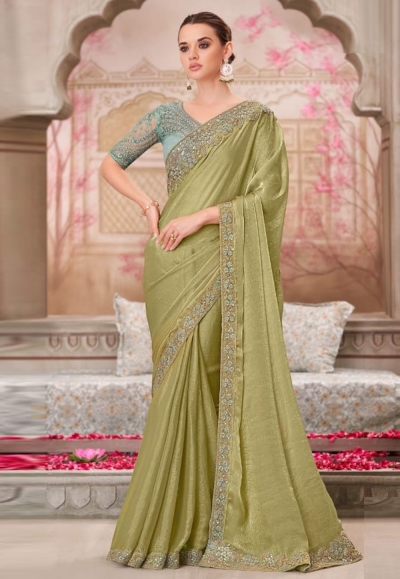Pista green silk chiffon saree with blouse 31016