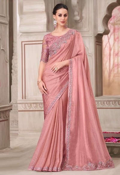 Peach satin georgette saree with blouse 31017