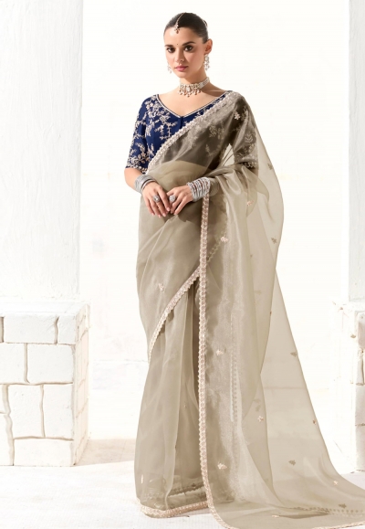 Beige organza saree with blouse 2212
