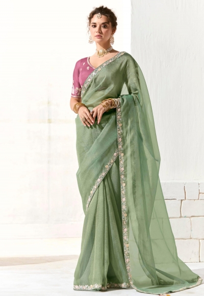 Green organza saree with blouse 2216